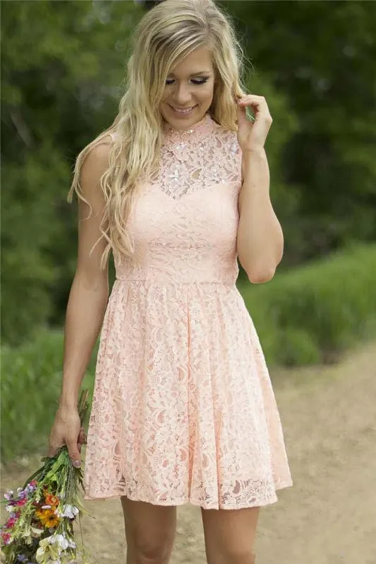 Modern High Neck Lace Peach short bridesmaid dresses - Sleeveless Wedding & Prom Gown