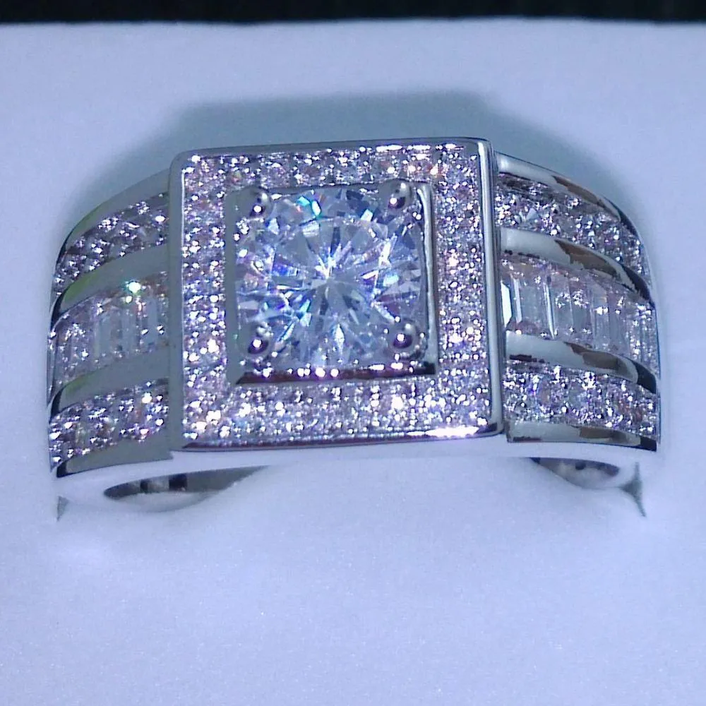 011 Celebrity Design Rhythmic Harmony Men 10kt Vitguld Fylld Topaz Simulerad Diamond Wedding Ring SZ 7-13 Gratis frakt