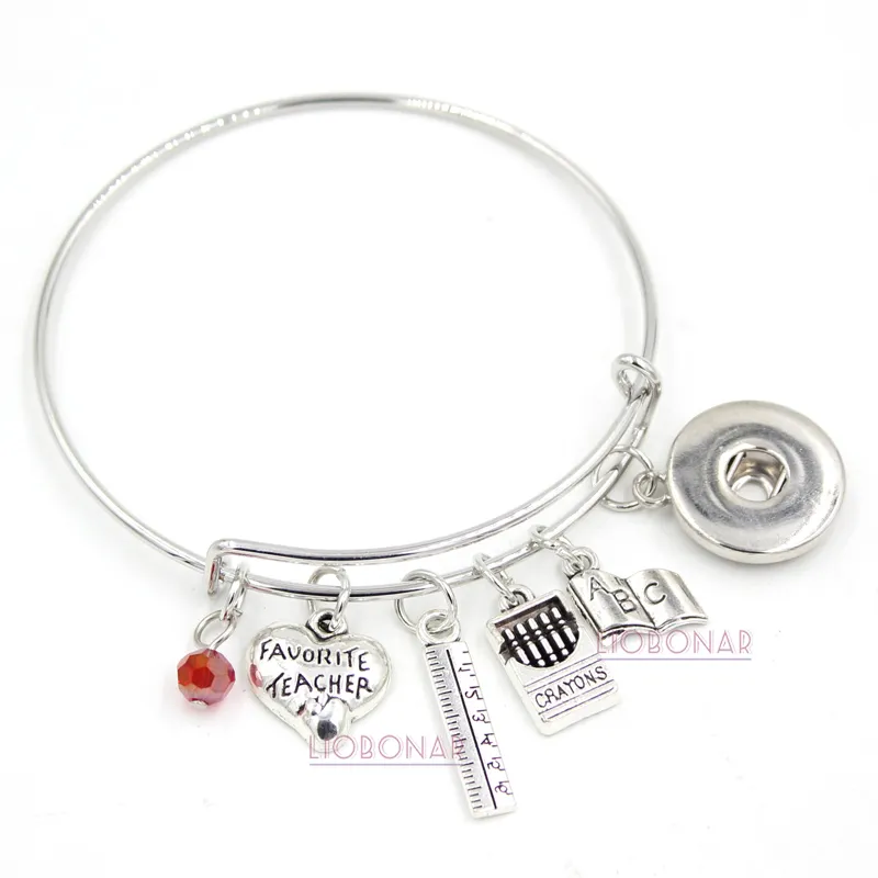 Groothandel Verstelbare Bangle Snap Sieraden Leraar Armband Boek Liniaal Kleurpotloden Charms Bangle Drukknoop Armbanden voor Leraar Gift