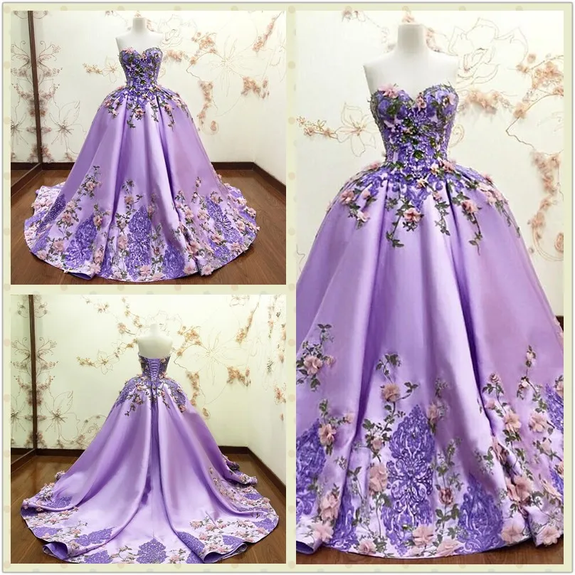 Luksusowa Purpurowa Balowa Suknia Wieczorowa Suknie 3D-Floral Aplikacje Kwiat Koronki Formalne Prom Suknie Sweetheart Bez Rękawów Długa sukienka