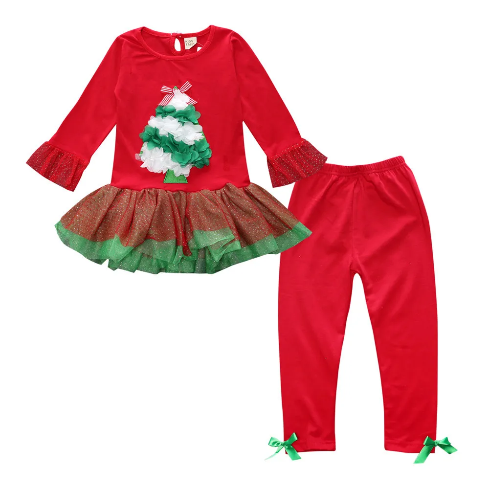 Christmas Clothes Baby Sanda Reindeer Tree Pattern Long Sleeve T-shirt Dress And Pants Two Piece Baby Girls Xmas Outfits Set Girls Clothing