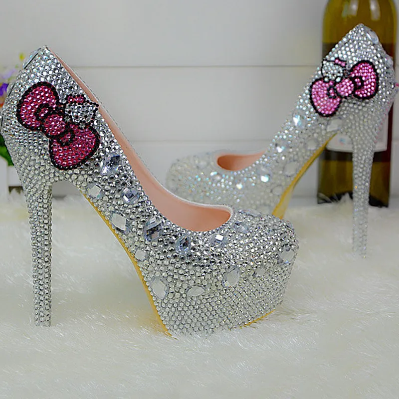 Kitty Silver Rhinestone Bridal Wedding Shoes Graudation Party Prom High Heel Shoes Formal Dress Pumps Plus Size 45