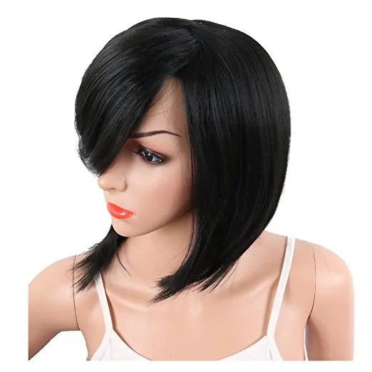 Fashion Human Hair Bob Wigs côté balayage Bangs Brésilien Wavy 180 densité sans glue sans perruque avant en dentelle complète d'environ 12 pouces diva18224345