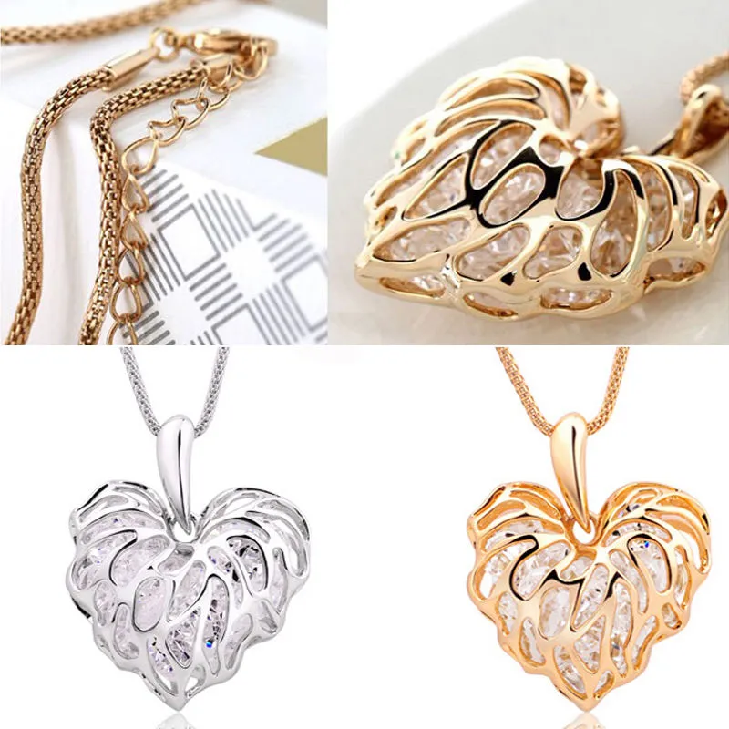 New Gold Women Long Necklace Hollow Leaves Love Zircon Sweater Chain Pendant #R571