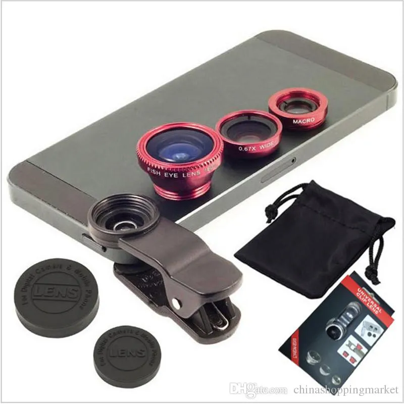 Clip universel 3 en 1 Fish Eye Lens grand angle Macro Mobile Phone Mobile Phone Camera Lens pour iPhone 15 14 13 12 11 Pro XS XR Max Samsung S24 S23 S22 S21 Ultra Plus