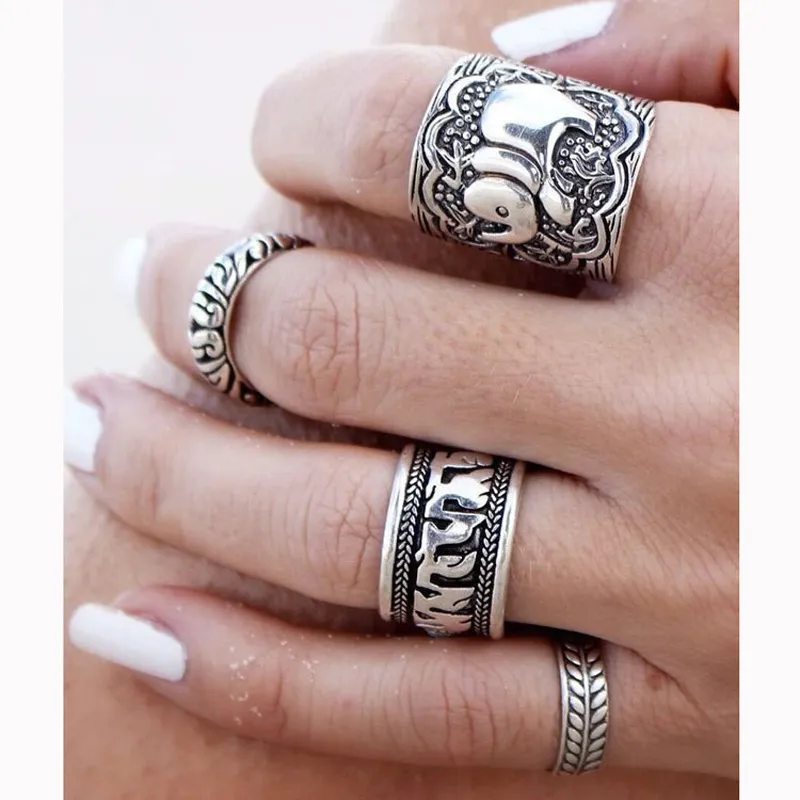 4 stks / set Vintage Elephant Ring Ancint Silver Bronze Knuckle Rings Band Ringen Mode-sieraden Set voor Vrouwen Gift Drop Shipping