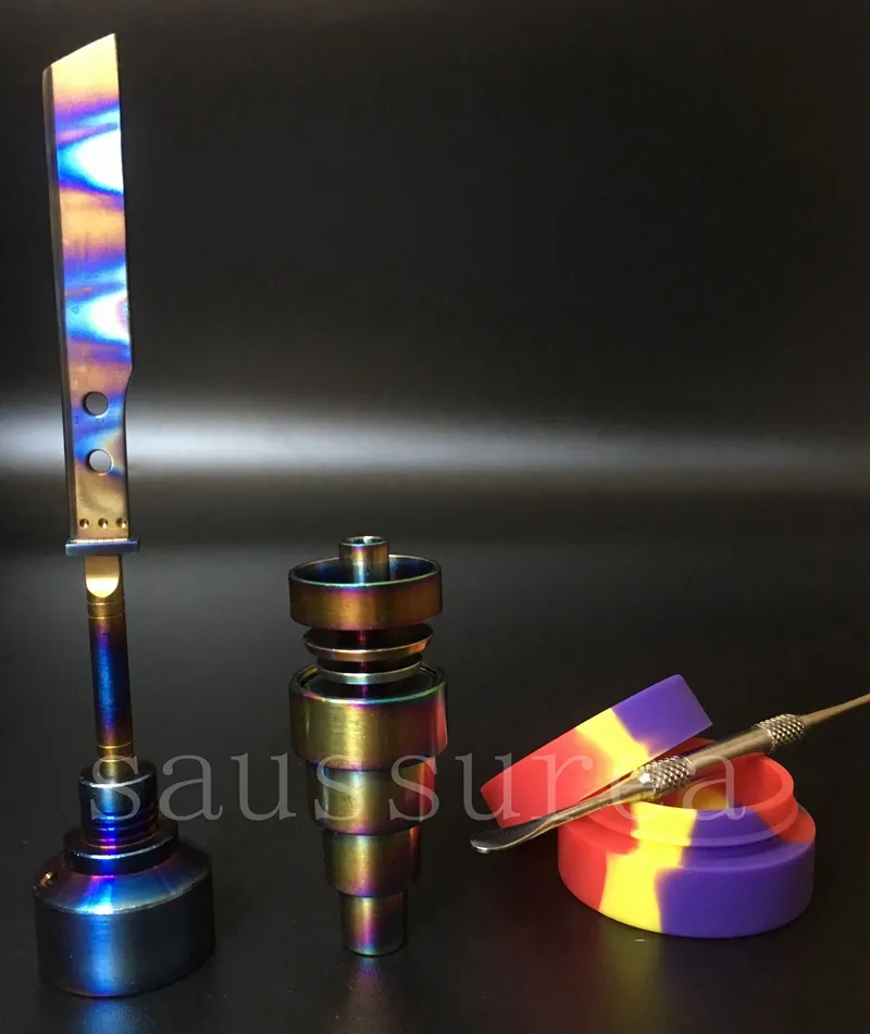 2016 New Bong Set di strumenti anodizzati colorati Domeless Gr2 titanio unghie Arcobaleno Carb Cap Dabber Slicone Jar tubi di acqua di vetro