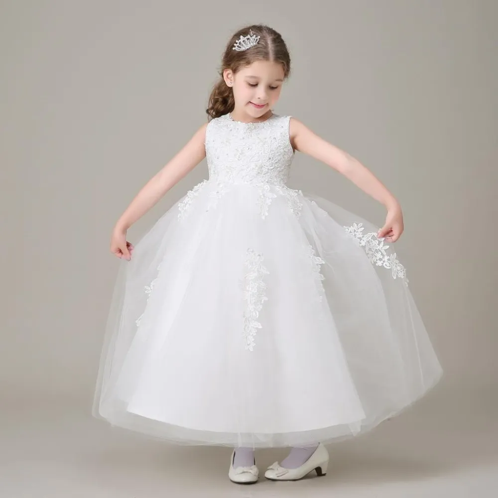 vestidos de daminha White Tulle Lace Beaded Ball Gown Long Flower Girl Dresses For Weddings 2015 Kids Birthday Party Dresses