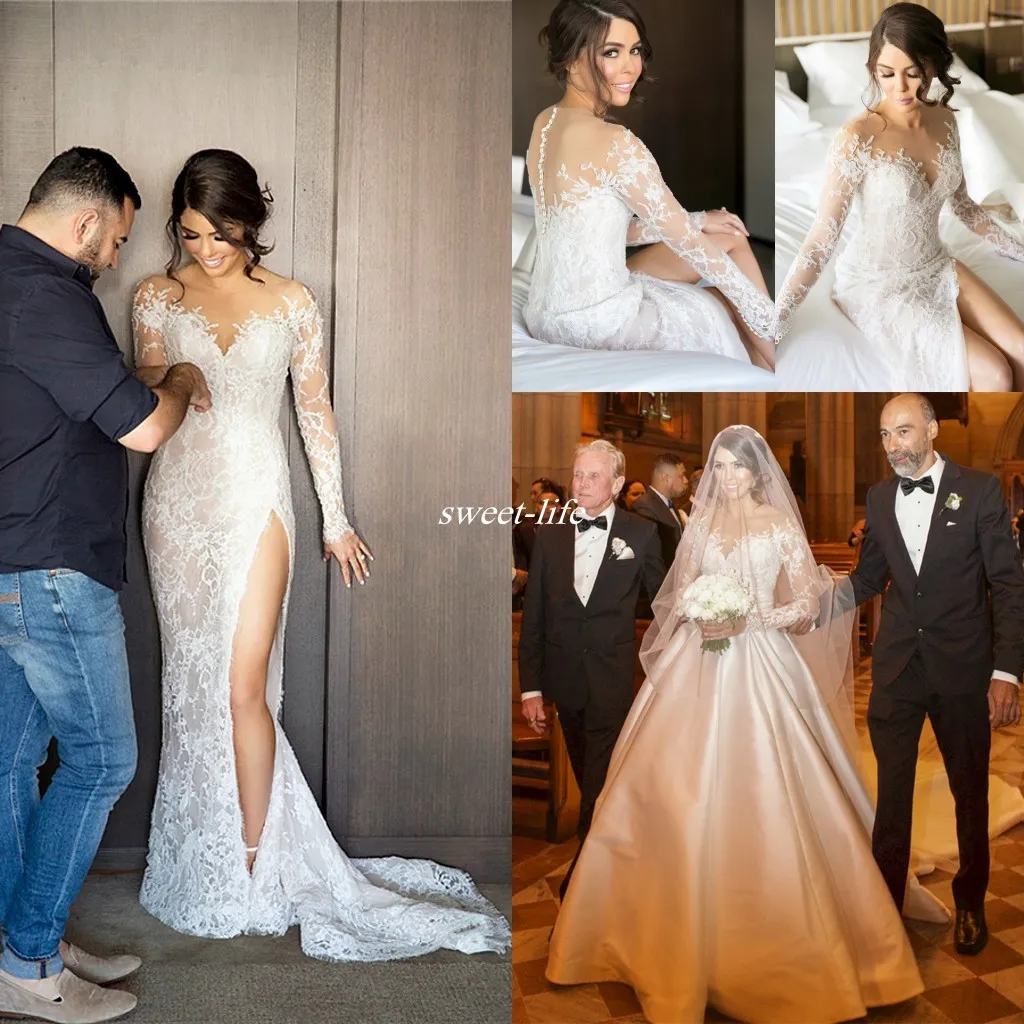 2021 Full Lace Split Mermaid Wedding Dresses with Long Sleeve Illusion Back Arabic Trumpet Bridal Wedding Gowns