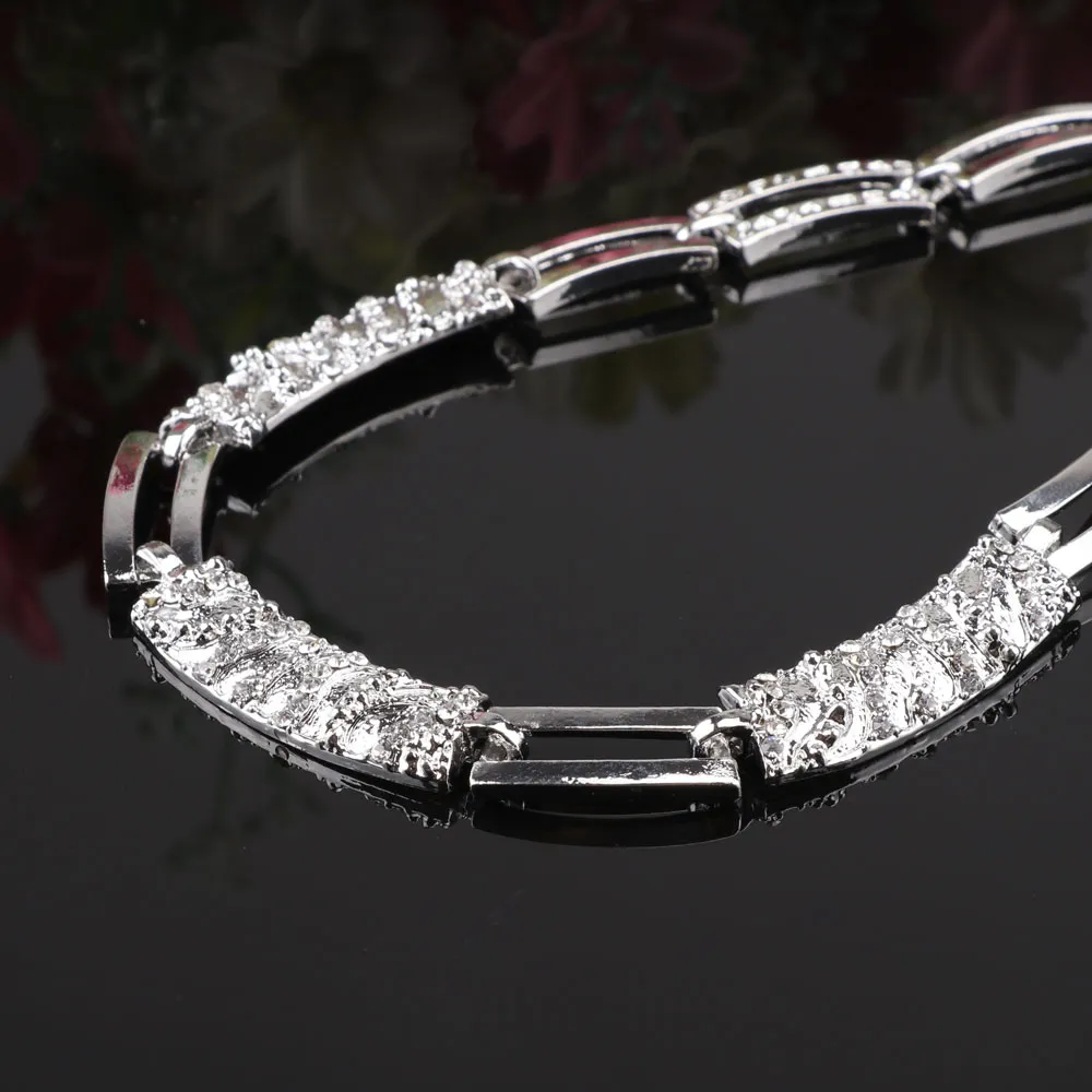 Elegante moda prata banhado jóias conjuntos austríaco cristal grânulos colar brincos anel pulseira conjunto para mulheres