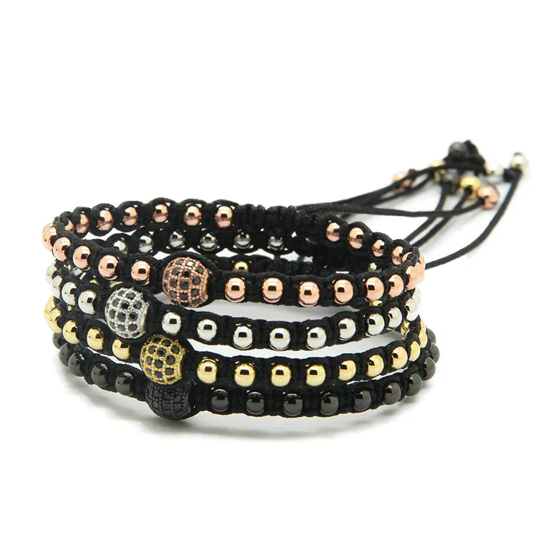 Wholesale High Grade Braiding Macrame Jewelry, 4mm Round Bronze Beads with 8mm Micro Paved Black Zircons Cz Bracelets