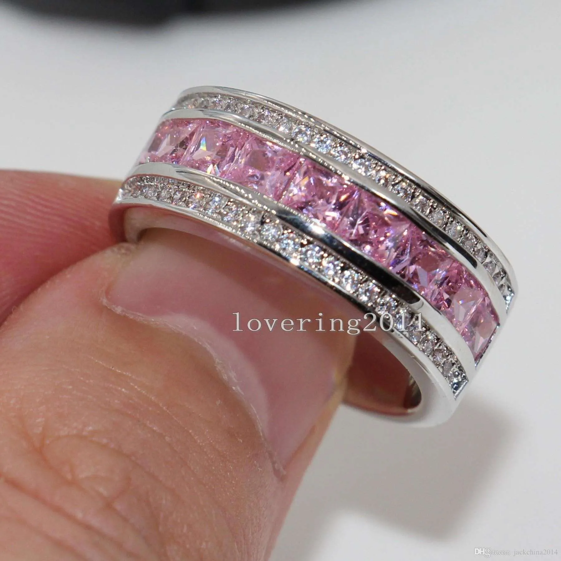 プリンセスカットラグジュアリー素敵なピンクサファイアダイヤモニーク10ktホワイトゴールドいっぱいの女性シミュレートダイヤモンドの結婚式の婚約Pandora Ring Gift SZ5-11