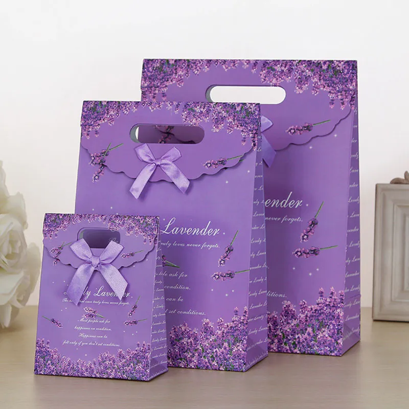 100pcs 3 Sizes Lovely Purple Craft Paper Gift Bag For Candy Cookie Makeup With Handle Christmas Wedding Bags Party Favors Packaging ZA0928