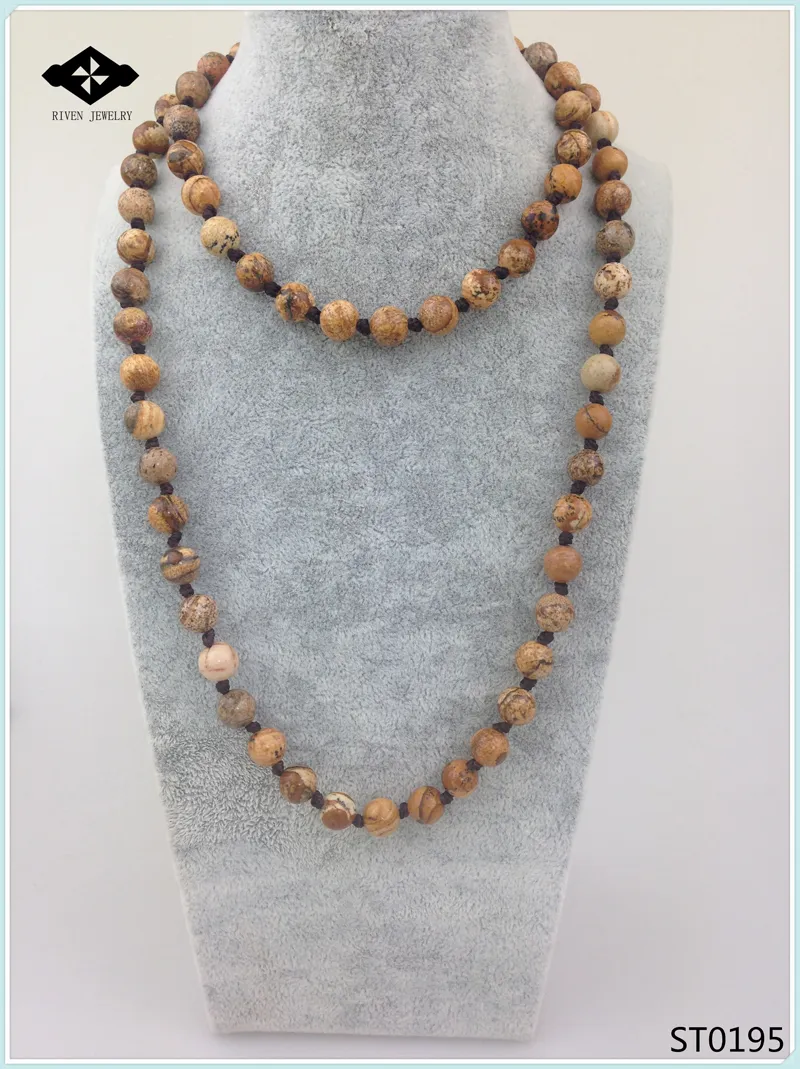 ST0190 32 인치 긴 목걸이 매듭 돌 아마 니나이트 재 스퍼 여성을위한 Semi Precious Stone Necklace