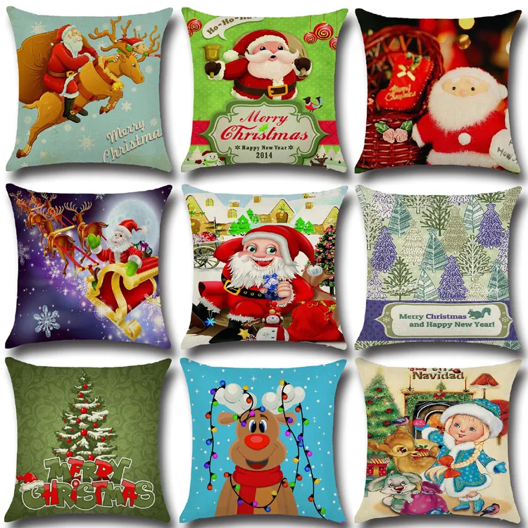 9 Styles Happy NewYear Taie d'oreiller de Noël Lin Square X-Mas Zip Cases P￨re David's Deer Santa Claus Bonhomme de neige Cadeau Impression Housse de coussin