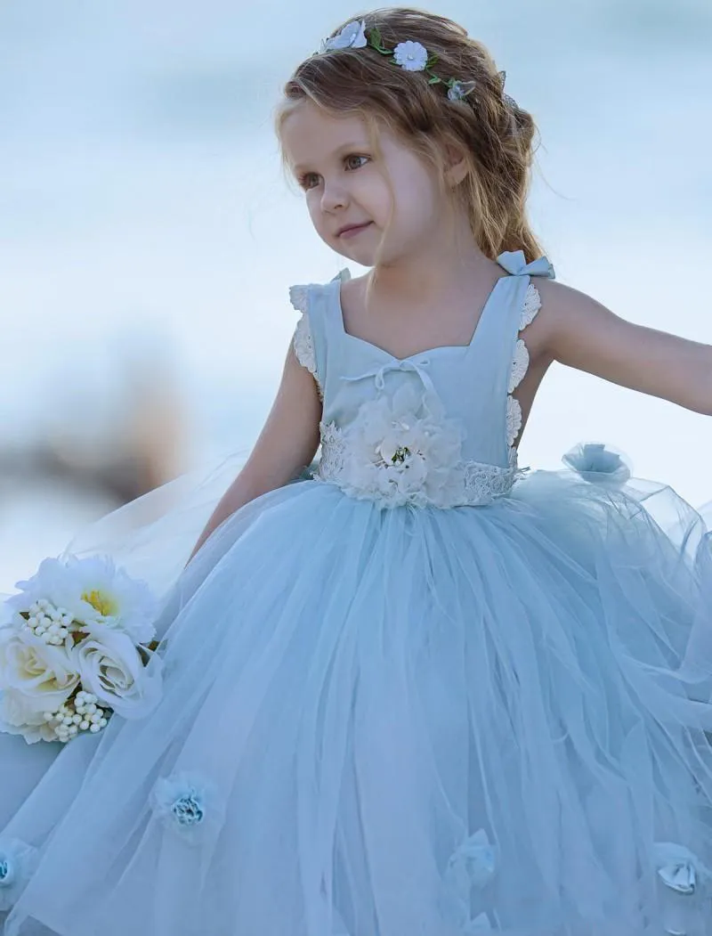 Hellblaue Festzug-Kleider für Babys mit quadratischem Ausschnitt, handgefertigte Blumen, Tüll-Ballkleid, Blumenmädchenkleider für Kinder, Kommunionkleider