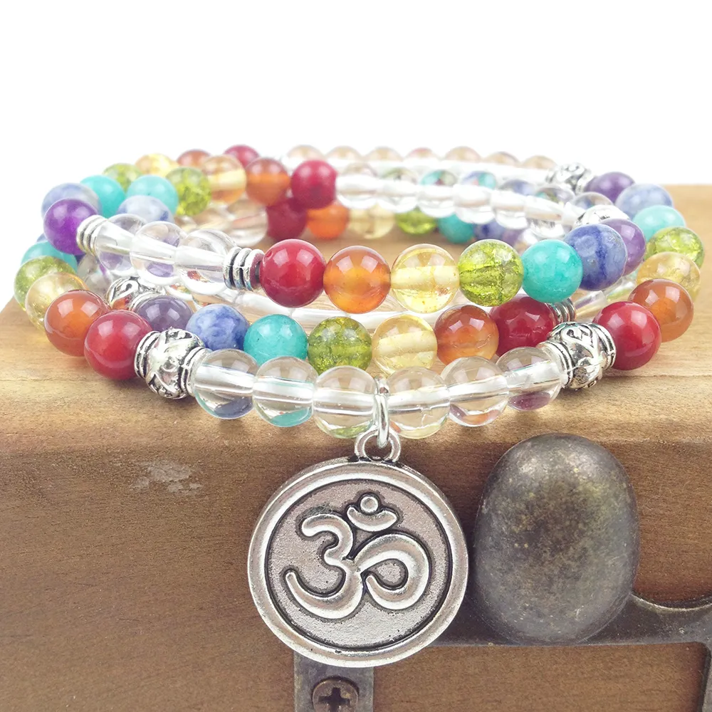 SN0188 Projektant 2016 Rainbow Mala Koraliki Bransoletka Trendy Wrap Yoga Bransoletka 6mm Crystal Chakra OM Urok Naszyjniki Darmowa Wysyłka