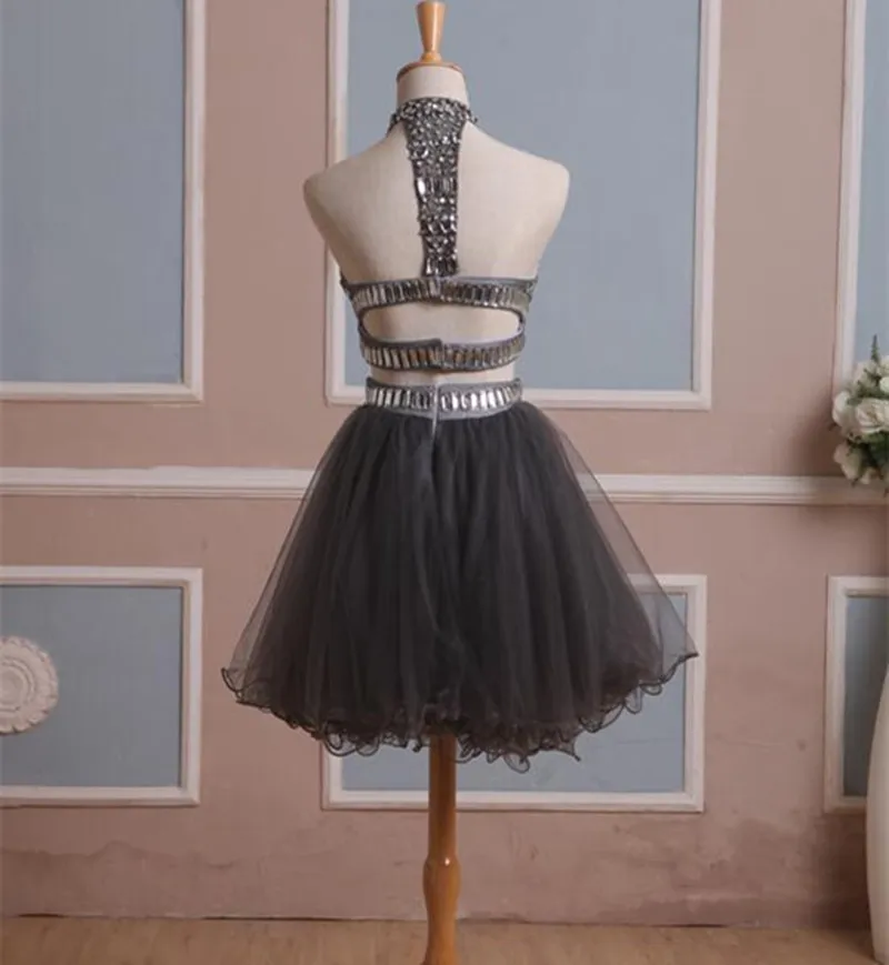 2021 i Stock Real Homecoming Dress Two Pieces Grey Tulle Graduation Down with Rhinestones High Neck Short Prom Cocktail Party Gow4726932