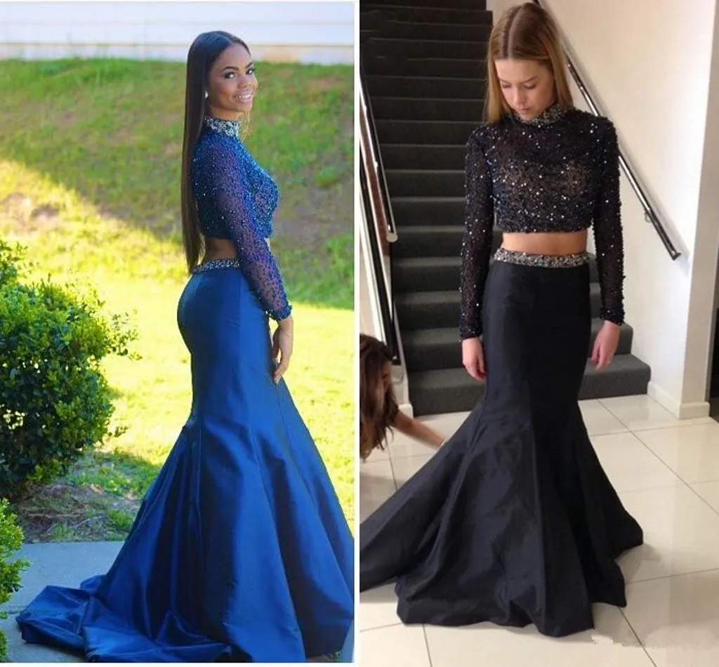 Novas Sereia Dois Vestidos de baile Pieces 2019 mangas compridas major Beading Open Back Royal Blue Preto Modest Evening Partido Vestidos Especial Ocasião