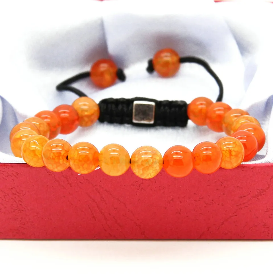 Groothandel 10 stks / partij heren sieraden 8mm natuurlijke blauwe en oranje draak aderen stenen kralen macrame gevlochten lucky armbanden