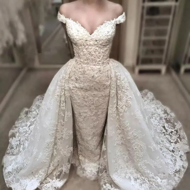 Luxury 2018 Off Shoulder Lace Mermaid Wedding Dresses With Detachable Skirt Beads Applique Long Train Bridal Gowns Custom Made EN11148