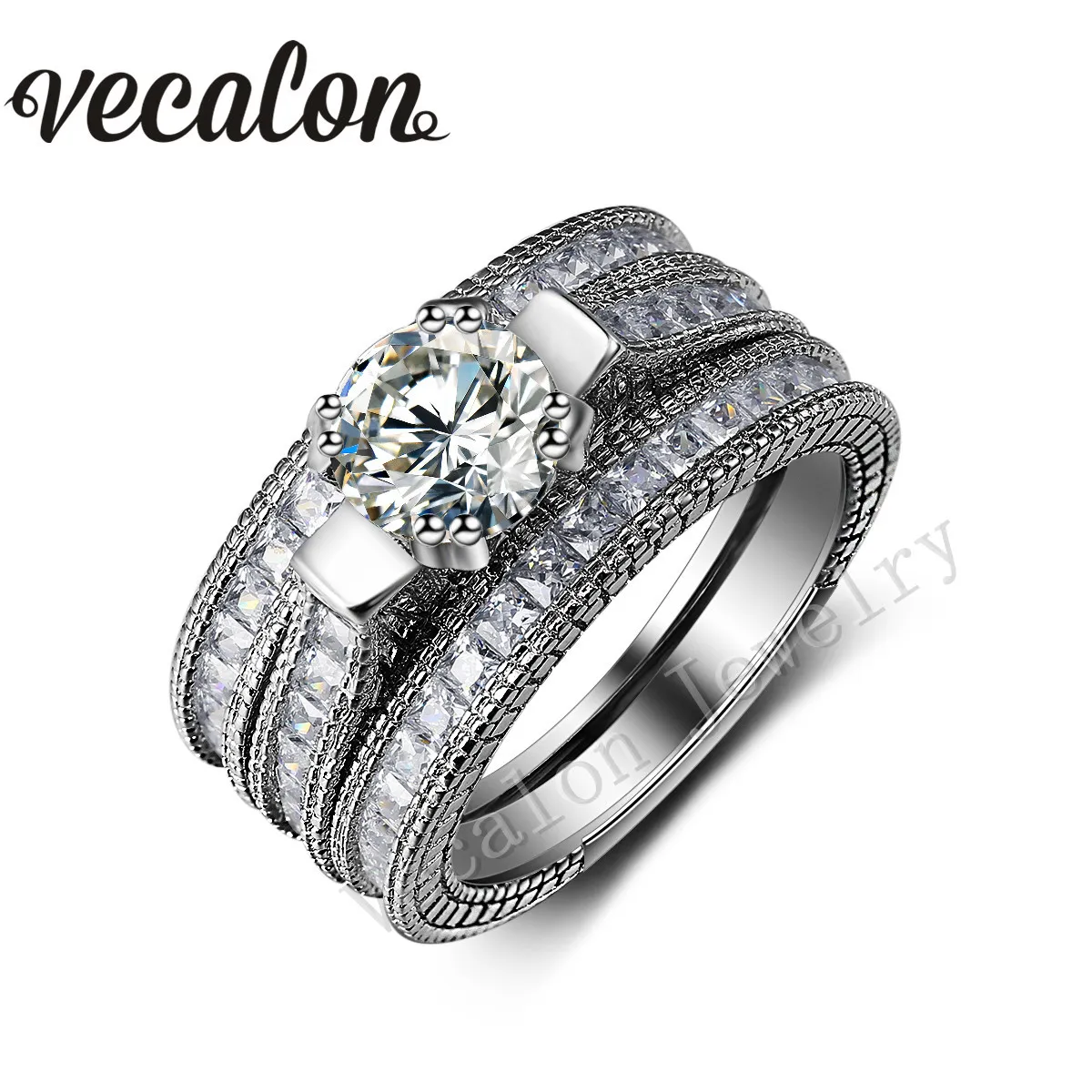 Vecalon Vintage ring 3ct Simulated diamond cz 14KT White Gold Filled 3-in-1 Engagement Wedding Band Ring Set for Women Sz 5-11