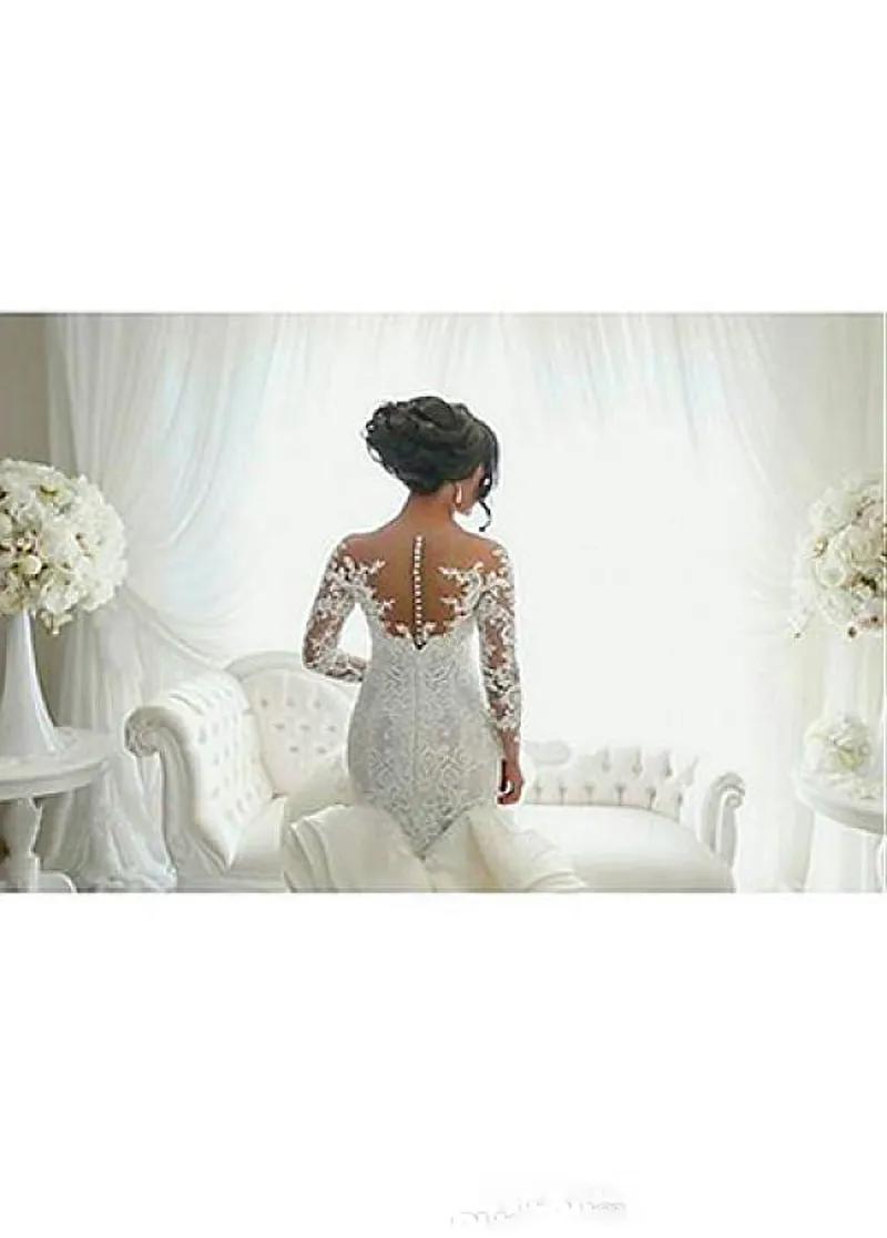 vestido de noiva Long Sleeves Wedding Dresses with Sheer Neck Vintage Mermaid Appliques Lace Tulle Bridal Gowns