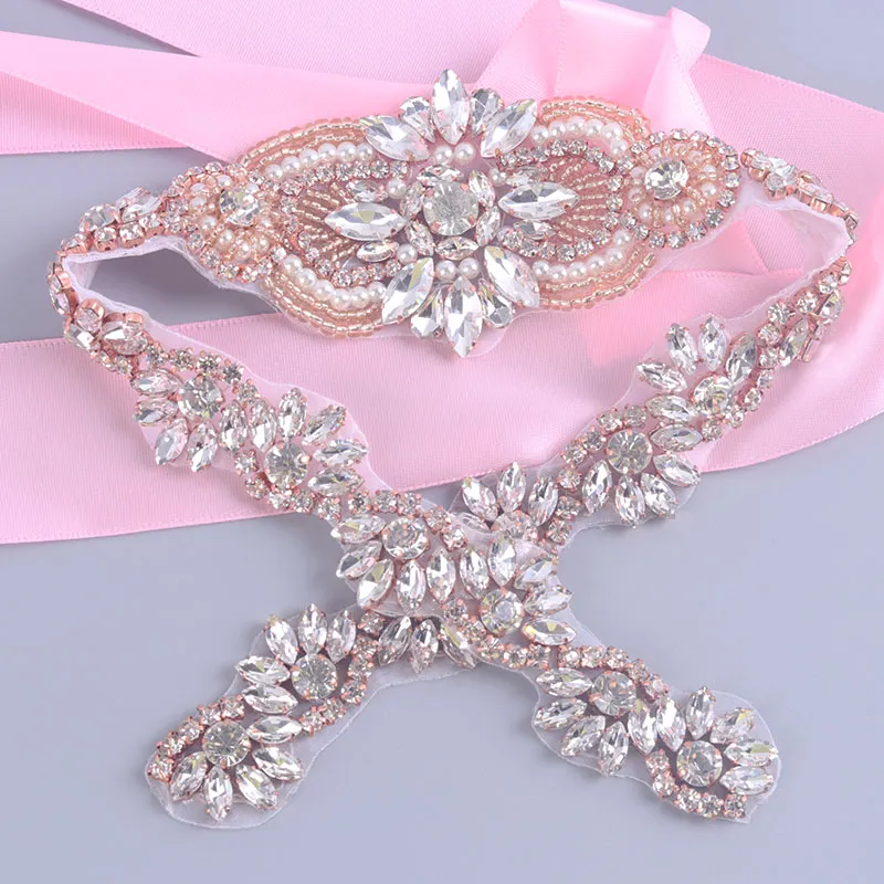 Duidelijke strass Pearl voor trouwjurken riem door het naaien van ijzeren borduurpleisters Appliques Rose Gold Silver Bridal Sashes L457253774