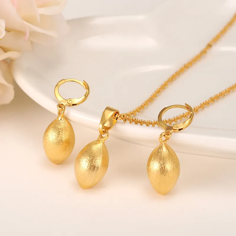 Egg Oval Bead Necklace Pendant Bullet Earrings Jewelry Set Party Gift 14k Yellow Fine Gold GF Africa ball Women Fashion