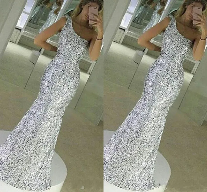 2017 Special Bling Bling Silver One Shoulder Prom Dresses Mermaid Sequins Long Sleeveless Floor Length Formal Evening Dress