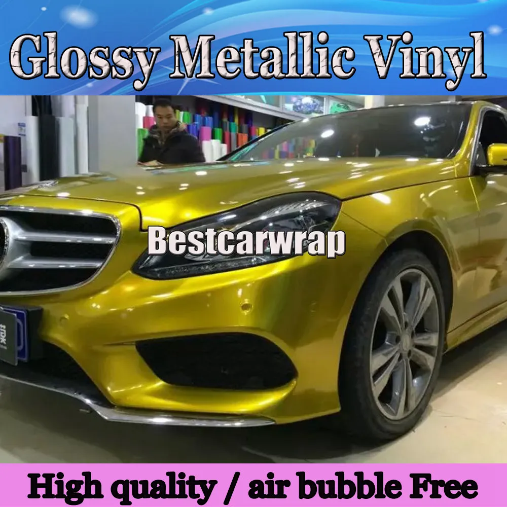 Glossy Metallic Yellow / Gold Vinyl Wrap Air Release Full Car, Gold