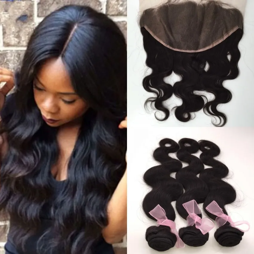 Brazilian Body Wave 3 Pcs With Lace Frontal Closure And Bundles Unprocessed Virgin Human Hair 3 Bundles With Big Closures