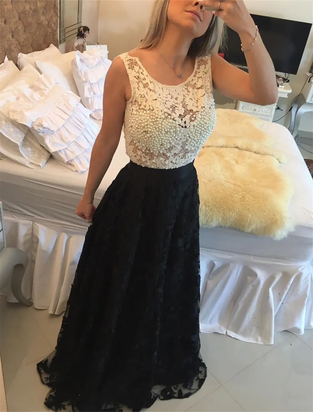 Glamorous Sleeveless Lace Pearls Prom Dresses 2019 Long Party Gowns Two Stones Chiffon A-line Evening Dress vestido de gala largo