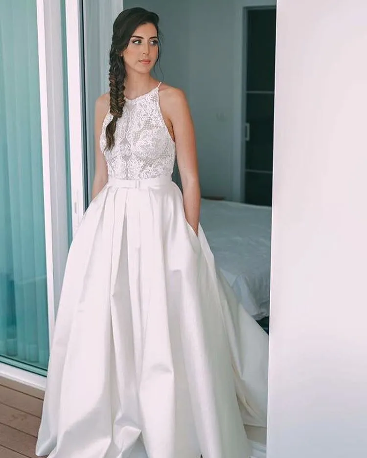 Lihi Hod 2019 Wedding Dresses Crystal Sleeveless Jewel Neck Lace Applique Bridal Gowns Pockets Sweep Train Plus Size Satin Wedding Dress