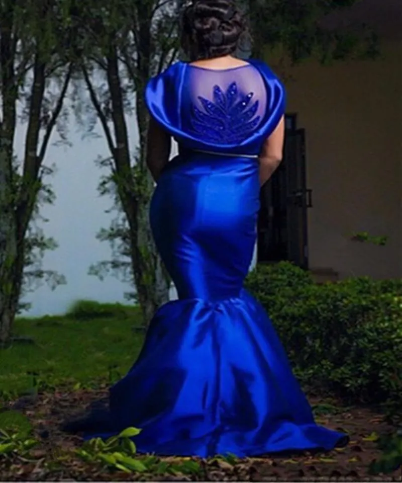 Royal Blue Plus Size aftonklänningar Sexig Back Sheer Pärled sjöjungfru Satin Formella kvinnor Prom -klänningar 2016 Summer Party Gowns9856226