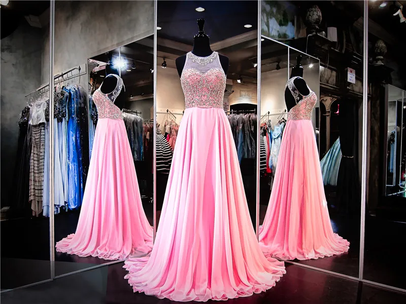 O-neckline Bubblegum Chiffon Hand Beading Prom Dress A-line Open Back Crystals Evening Dress Pageant Dresses party dress