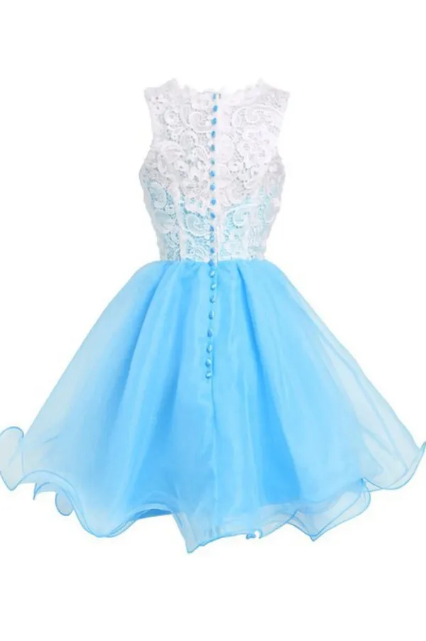 Cheap Homecoming Dresses Lace Top Light Blue Organza Skirt Jewel Neck Sleeveless Short Prom Party Gowns Made to Order High Quality