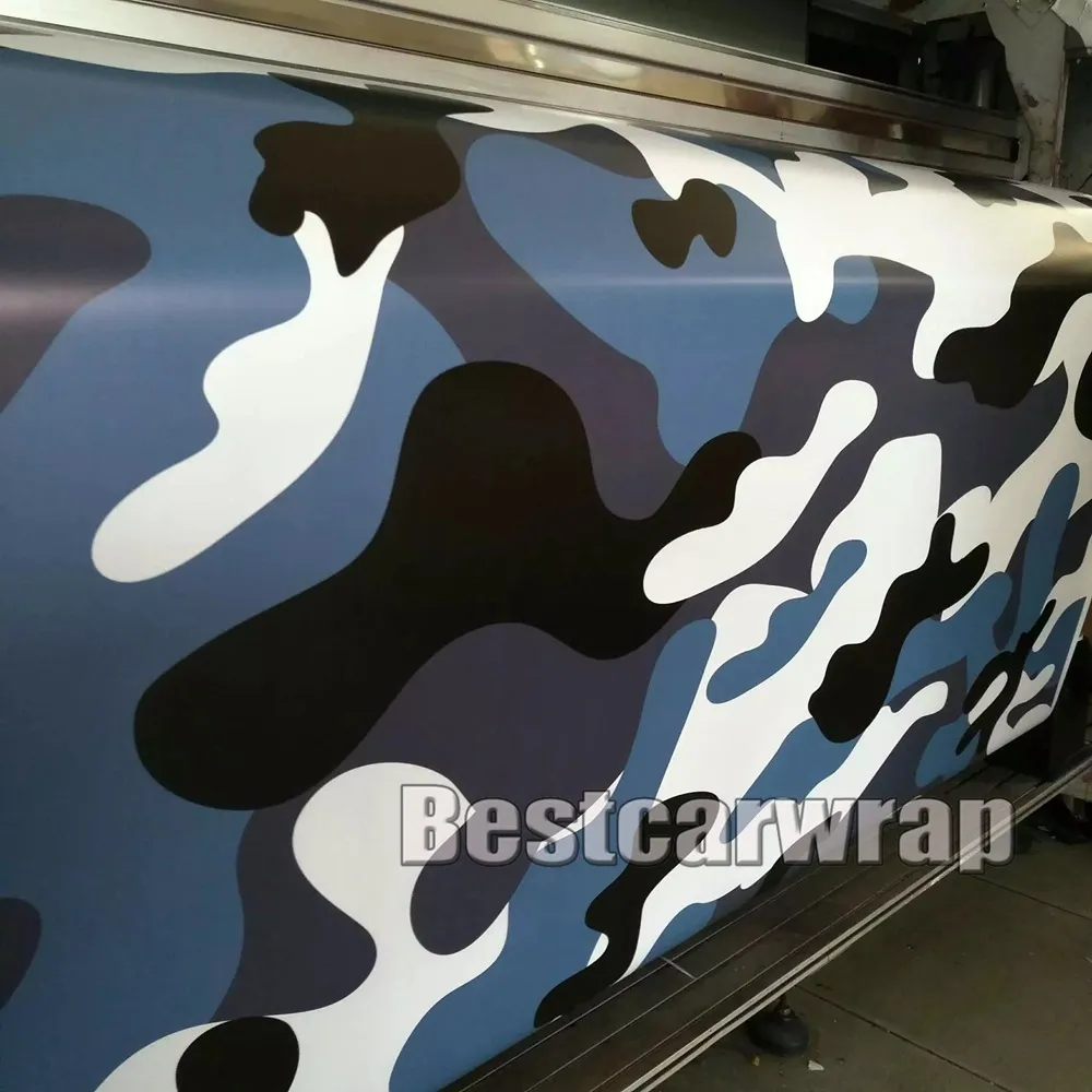 Grote blauwe witte sneeuw camo vinylauto wrap styling met lucht rlease glans/ mat arctisch blauw camouflage bedek autoschickers 1,52x30m/ roll