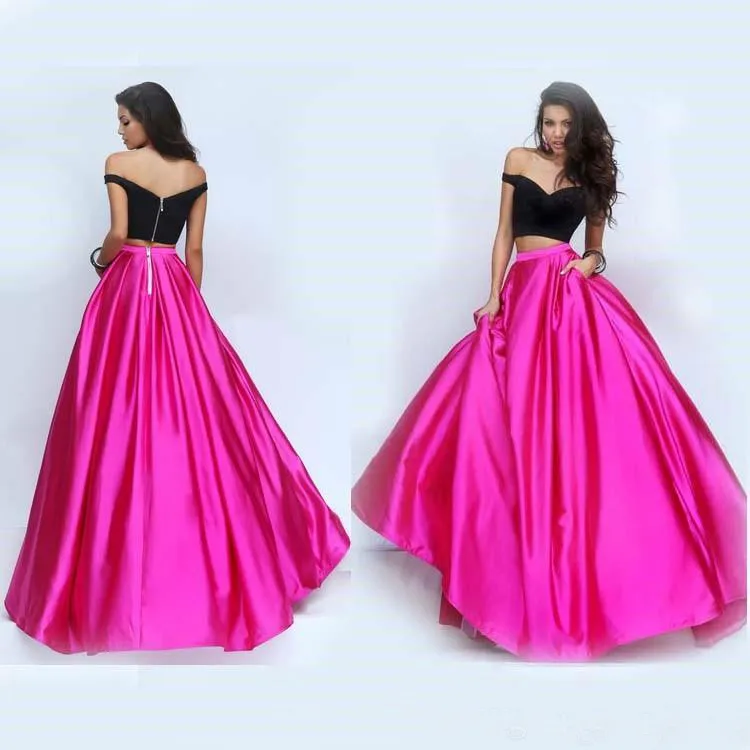 MOTEST 2016 Black and Fuchsia Tafta Dwa kawałki Prom Dresses Tani Off Shoulder Back Zipper Z Kieszeniami Długie Formalne Suknie Party En7079