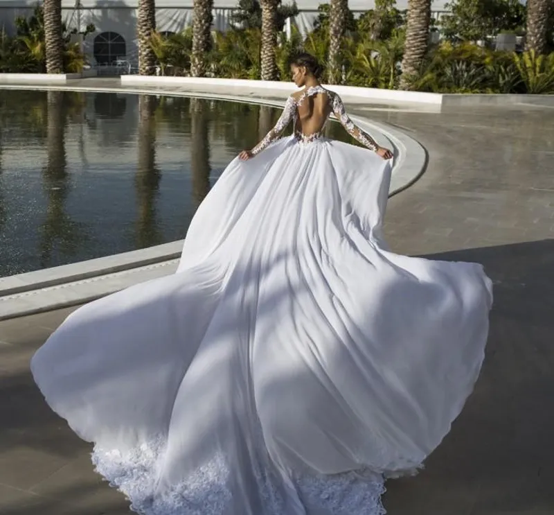 2016 Lace Backless Wedding Dresses Sheer Neck Illusion Long Sleeve Chiffon Over Skirt Beach Bridal Gowns Detachable Train Wedding Dresses