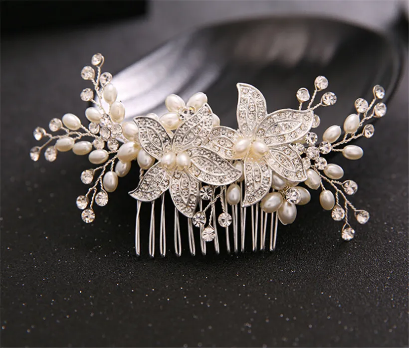 Vintage Wedding Bridal Hair HEMBECE Srebrny kryształowe akcesoria do włosów dhinestone kwiat Pearl Biżuter Pałąk korona Tiara PR3291276