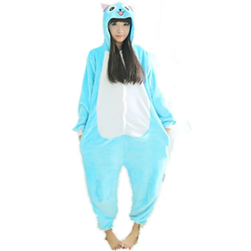 Fleece Anime Fairy Tail Happy Cat Onesie Dzieci Cartoon Party Cosplay Costume Kobiety Piżamy Dorosłych Niebieski Szczęśliwy Kot Onesies Kombinezon Z Kapturem