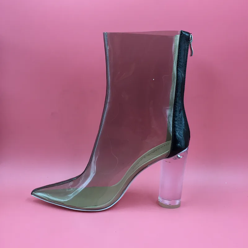 Sapatos De Casamento De Plástico transparente Botas Apontou Toe Tornozelo Alta Mulheres Botas Curtas Voltar Zipper Personalizado Color Block Saltos Saltos Robusto Claro