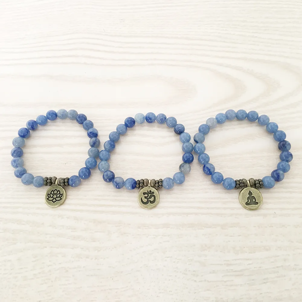 SN1108 High Quality Handmade Bracelet Blue Aventurine Bracelet Antique Brass Om Buddha Lotus Charm Bracelet Gift For Him339P