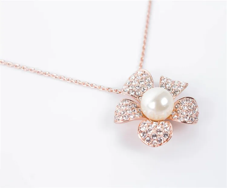 Pendientes collar conjunto de joyas Exquisita moda lujo mujeres Rhinestone perla 18K chapado en oro flores partido joyería conjunto de 2 piezas JS097
