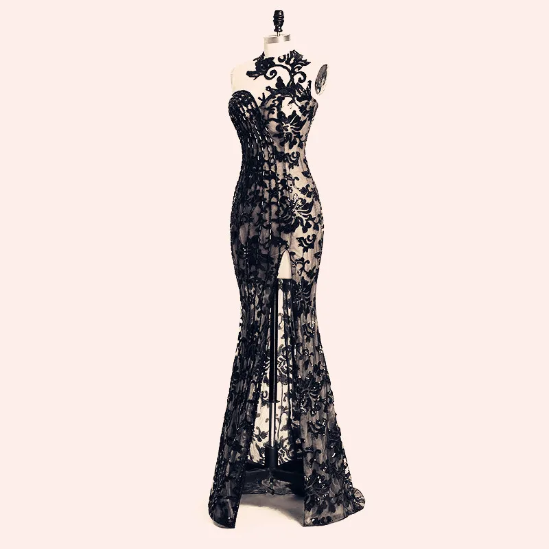 Eleganckie frezowanie rozłamane sukienki wieczorne Rami Salamoun Zastosowane cekiny syreny wysokiej szyi długie sukienki balowe prawdziwe obrazy formalne suknie