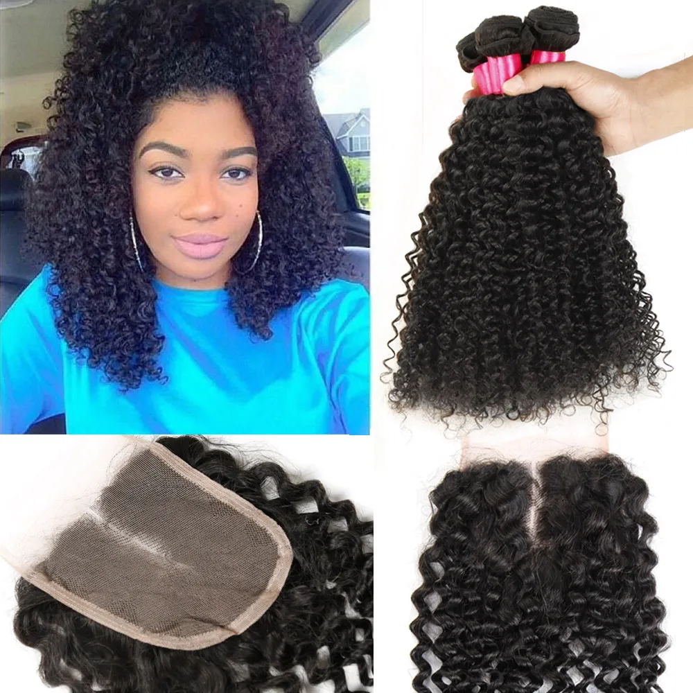 Lace Closure With Brazilian Hair Bundles Deep Curly Remy Human Hair Weave Unprocessed Virgin Hair Indian Malaysian Peruvian Extensions