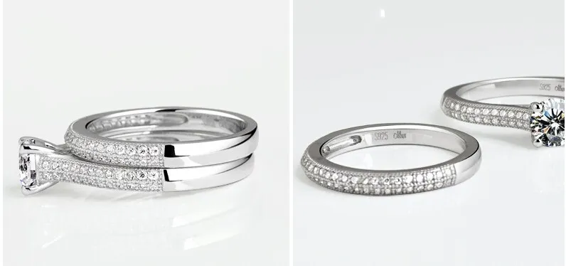 女性1CT CZダイヤモンドリング925スターリングシルバー女性の婚約指輪のためのヴェハロン2016ファッションリングの結婚式のバンドリングセット