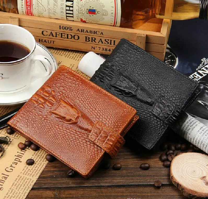 Fashion Cowhide Genuine Leather Alligator Grain Hasp Men Wallets Carteira 3 Folds Black Brown Coin Pocket Purse Wallet 70