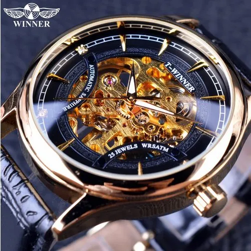 الفائز أزياء Black Golden Star Design Clock Watch Watch Top Brand Luxury Mechanical Skeleton Watch Male Wast Watch